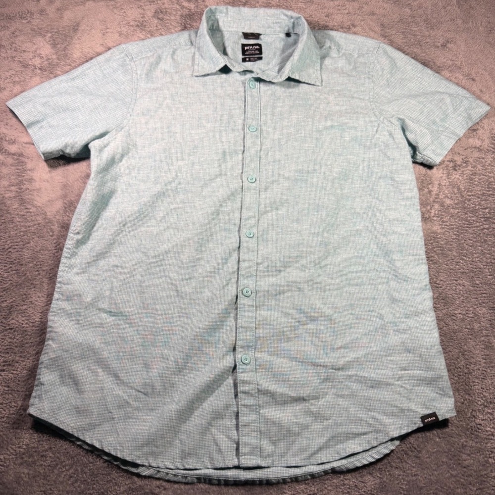 Prana Mens Slim Fit Short Sleeve Hemp Blend Button Down Shirt Light Blue Size M